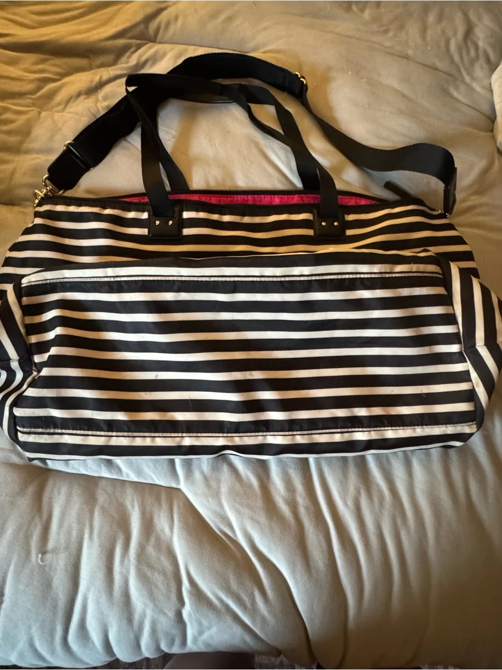 kate spade Watson Lane Lyla Black & White Stripes Nylon Packable Weekender Bag